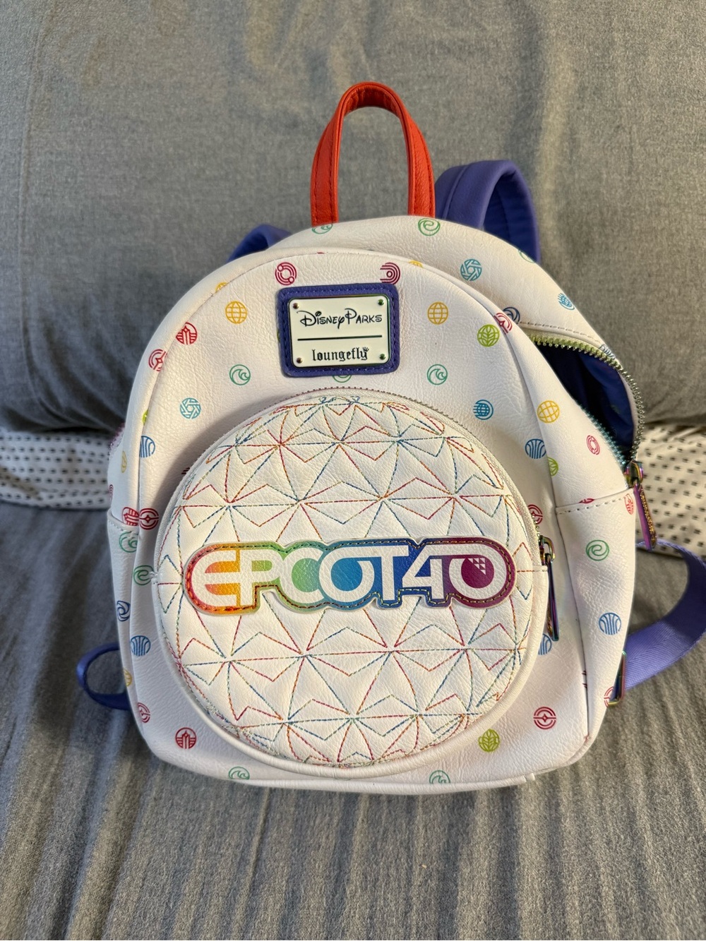 Loungefly White Mini Backpack with Purple Lining and Rainbow Accents